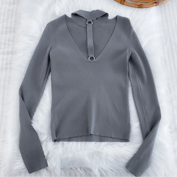 HELMUT LANG Ring Cutout Mockneck Pullover Top Gray Ling Sleeve Sweater - Picture 6 of 15